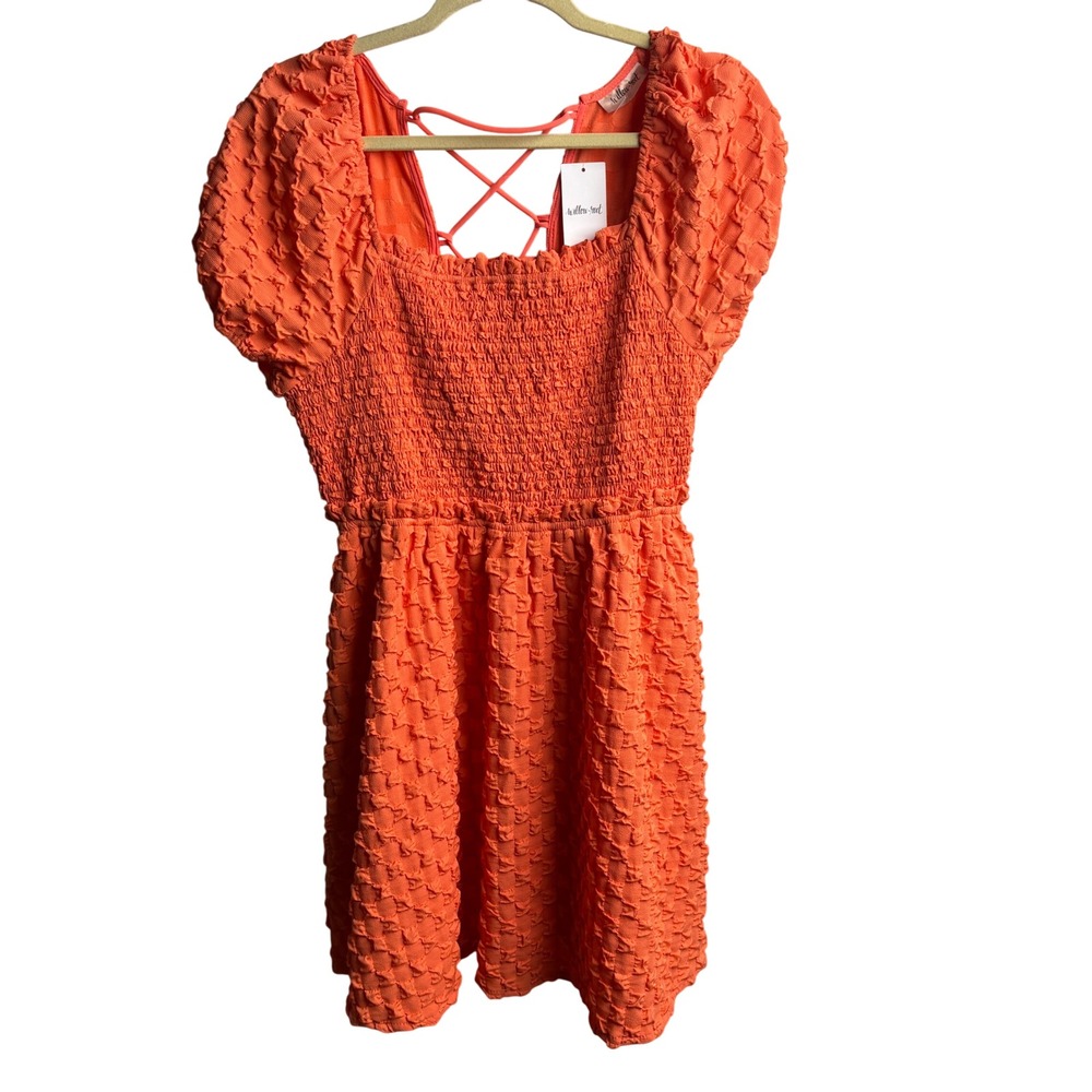 Willow + Root Orange Textured Smocked Lace Up Back Mini Dress L NWT Coquette